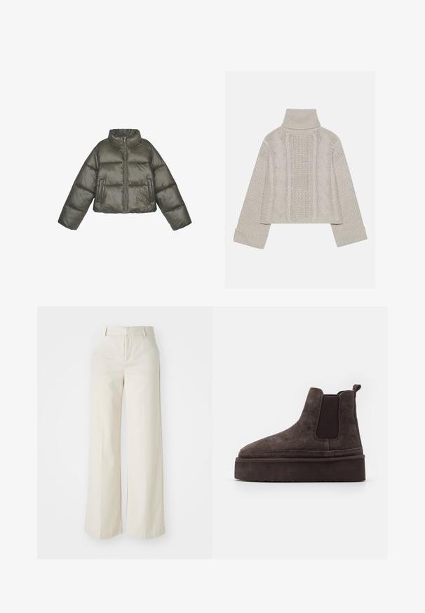 Maslinasto zeleni puffer kaput s visokim ovratnikom, zatvaranjem na patentni zatvarač i prekomjernim krojem. Sadrži prošivene panele i dva prednja džepa.; Skraćeni, svijetlosivi pleteni pulover s visokim ovratnikom i rebrastim manžetama, sa teksturiranim cables uzorak na leđima i stranama.; Hlače širokih nogavica u svijetloj bež boji, izrađene od glatke tkanine. Imaju klasičnu elastičnu traku u struku i ravni prednji dio s čistim linijama.; Smeđe nubuk Chelsea čizme s elastičnim bočnim panelima i debelim, teksturiranim potplatima. Imaju traku za povlačenje na peti radi lakšeg obuvanja.