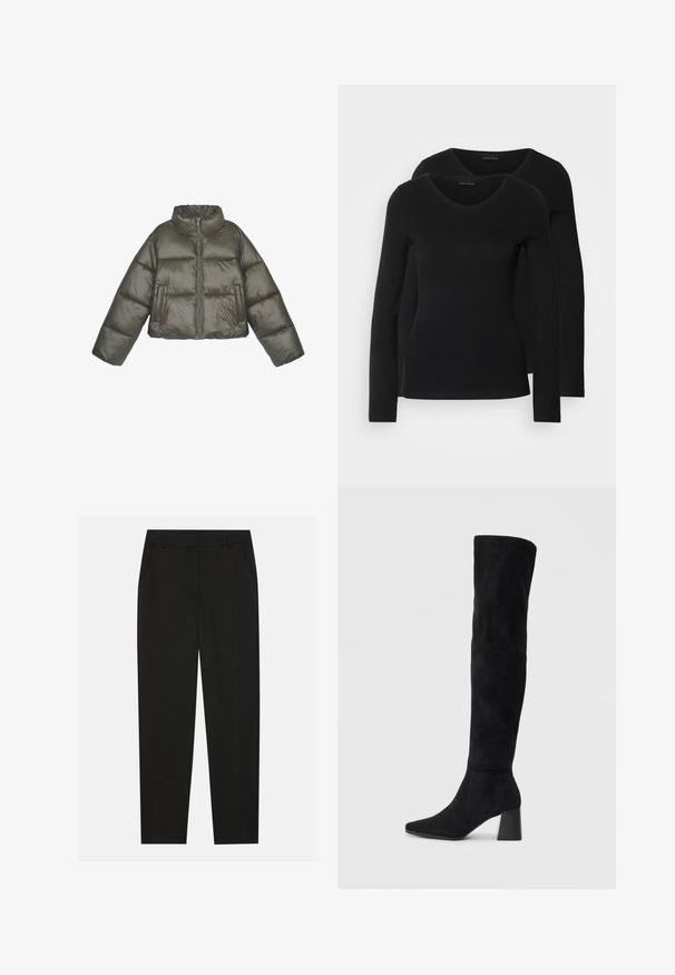 Alyvuogių žalia pūkinė striukė su aukštu apykakle, užtrauktuku ir perdėtų dydžių siluetu. Yra siuvinėti skydeliai ir du priekiniai kišeniai.; Du į juodas ilgomis rankovėmis marškiniai su V formos iškirpte, pagaminti iš minkštos, tamprios medžiagos, rodantys lygią tekstūrą ir prigludusią formą.; Juodos kelnes su pritaikytu dizainu, turinčios šonines kišenes ir tiesią koją. Pagamintos iš lygaus, lengvo audinio su blizgiu paviršiumi.; Juoda zomšinė kelio ilgio batai su blokuotu kulnu, smailiu nosiu ir lygiu, be siūlių dizainu ant paprastos šviesios fono.