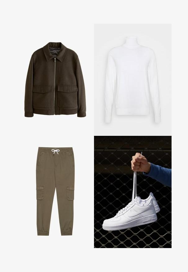 Veste en mélange de laine marron avec fermeture éclair sur le devant, col évasé, deux grandes poches avant, et poignets et ourlet côtelés. Doublure intérieure lisse.; Pull à col roulé blanc avec des manches longues, fabriqué en tissu lisse. Présente un design ajusté et des poignets et un ourlet côtelés. Pas de motifs ni d'accents.; Pantalons cargo kaki avec une taille élastique et un cordon de serrage, dotés de poches latérales et de chevilles côtelées. Fabriqués en matériau texturé et léger.; Baskets en cuir blanc avec perforations, à bout rond, semelle plate et lacets épais, arborant un logo swoosh visible et "AIR" sur le talon.