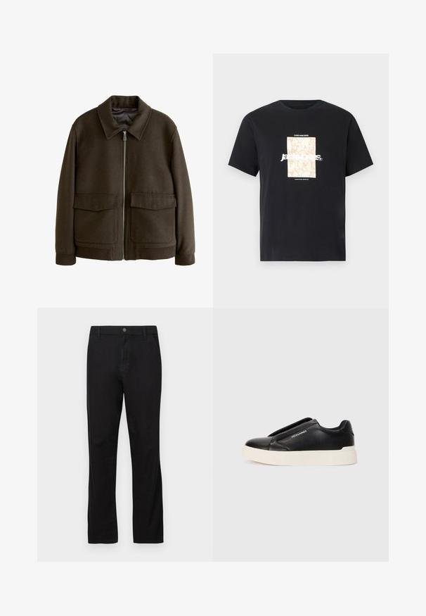 Pruun villaseguse koostisega jakk, millel on tõmbluku eesmine kinnitamine, laia krae, kaks suurt eesmist taskut ning soonikkoes varrukate ja ääre lõpetused. Sile sisemine vooder.; Mustmust mustäriga T-särk, millel on ümar kaelus. Esipaneelil on beež ristkülikukujuline graafika ja valge tekst "JAWO", mis on keskendatud. Lühikesed varrukad.; Mustadest puuvillast pükstest, millel on sirge jala disain, nupuga kinnitamine, ees ja taga taskud ning sile tekstuur.; Must musta kingad tekstureeritud nahast pealmise osaga, valge kummist tallaga ja nähtamatute paeltega. Küljel on brändi logo.