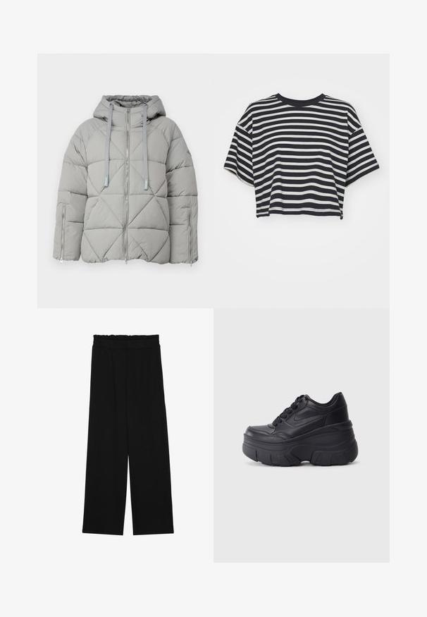 Grå pufferjakke med kviltet design, hette, to glidelåslommer og kontrasterende snorer; har en jevn tekstur og strukturert form.; Stripet cropped t-skjorte i marineblått og hvitt. Korte ermer, rund utringning, mykt stoff med horisontale striper og en avslappet passform.; Svarte vide bukser med rynket liv, med to sidelommer og et glatt, lett stoff. Ingen synlige mønstre eller metalldeler.; Sorte snøresko med tykk såle, med et glatt læroverdel, rund tå og distinkt lagdelt plattformdesign.