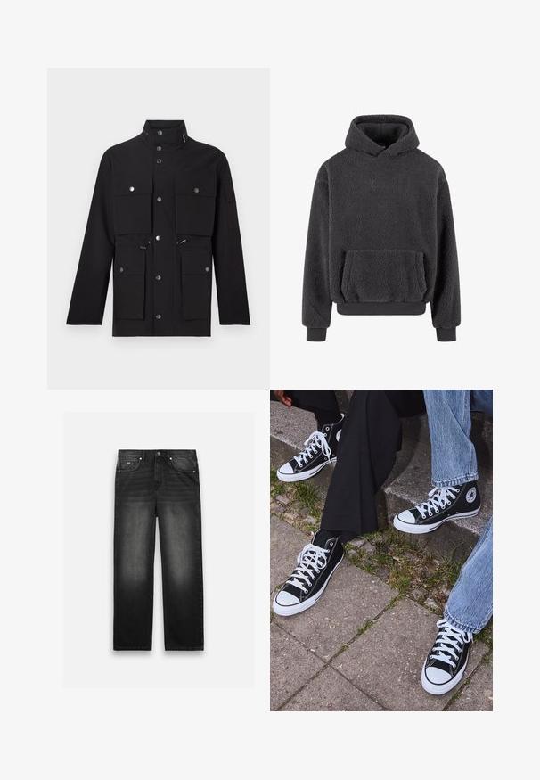 Black jacket featuring a high collar, multiple front pockets, silver snap buttons, and adjustable drawstrings at the waist and hood.; Fleece hoodie in dark gray with a textured surface, a kangaroo pocket, and ribbed cuffs and hem. Features a small logo on the chest.; Black denim jeans with a straight-leg design, five pockets, and a faded texture. Features a front button and zip closure.; Black high-top canvas sneakers with white rubber soles and laces, featuring a circular logo on the side and paired with denim and black pants.