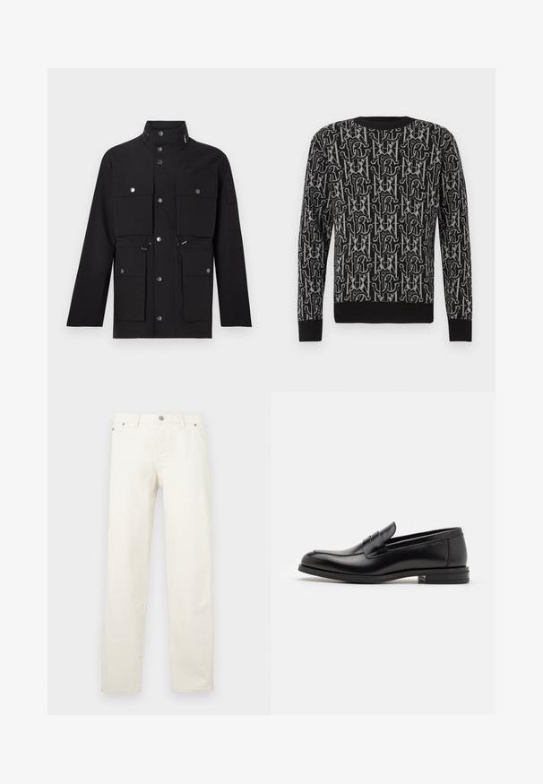 Zwarte jas met een hoge kraag, verschillende vo-pocket, zilveren drukknoopsluitingen en verstelbare koorden in de taille en capuchon.; Zwarte gebreide trui met een herhalend grijs patroon van letters en vormen, voorzien van een ronde hals en geribbelde boorden en zoom.; Witte recht gesneden jeans van denim, voorzien van een gulp met knopen, riemlussen en vijf zakken. De stof heeft een gladde textuur.; Zwarte leren instappers met een gladde textuur, ronde neus en een decoratieve band over de wreef. Lage, gestapelde hak en minimalistisch ontwerp.