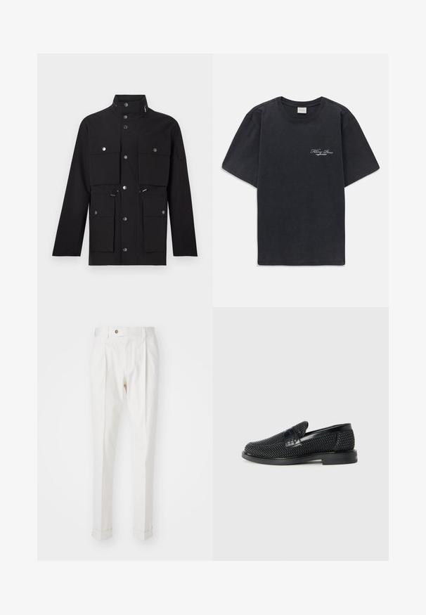 Black jacket featuring a high collar, multiple front pockets, silver snap buttons, and adjustable drawstrings at the waist and hood.; Black short-sleeve crew neck t-shirt with small white "Filling Pieces" text logo on the left chest.; White, tailored trousers with a flat front, two pleats, and rolled cuffs. Made of a smooth fabric with a button closure at the waist.; Black woven slip-on shoe with a smooth leather accent on the upper, a round toe design, and a low-profile rubber sole.