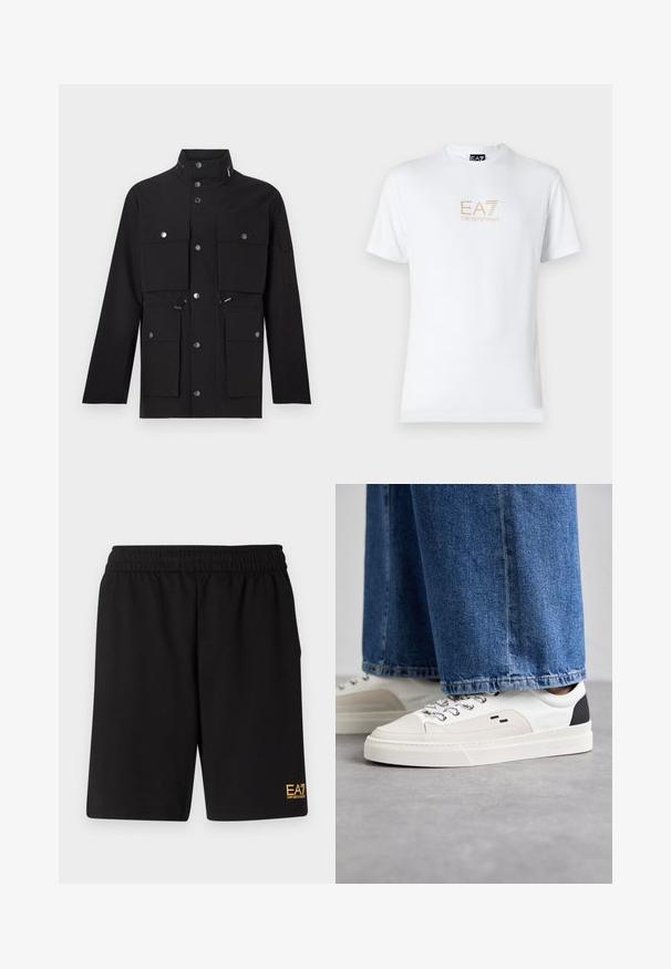 Must värviga jope, millel on kõrge krae, mitmed esifood, hõbedased nupud ning kohandatavad paelad vööl ja kapuutsis.; Valge puuvillane T-särk, millel on ümmargune kaelus ja lühikesed varrukad, ning mille esiosal on kuldne EA7 Emporio Armani logo.; Mustad mustad lühikesed püksid, mis on valmistatud pehmest kangast. Omavad elastset vöökohta ja väikest kollast EA7 logo vasakul jalal.; Valged ja mustad spordijalatsid sileda nahkpealise, tekstuursete aktsentidega ja paksu valge tallaga. Omab klassikalist nööbistamise disaini.