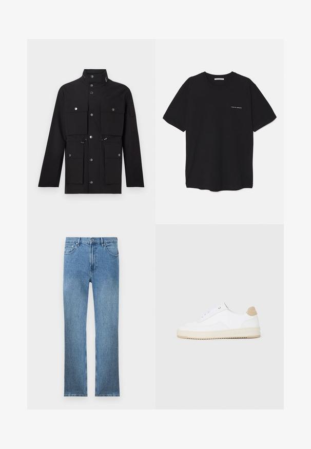 Schwarze Jacke mit hohem Kragen, mehreren vorderen Taschen, silbernen Druckknöpfen und verstellbaren Kordeln in der Taille und an der Kapuze.; Schwarzes Baumwoll-T-Shirt mit Rundhalsausschnitt, kurzen Ärmeln und weißem Logodruck auf der linken Brust. Einfaches, einfarbiges Design.; Hellblaue Jeans aus Denim mit geradem Schnitt, fünf Taschen, einem Reißverschluss und kontrastierender Naht. Der Stoff hat eine glatte, strukturierte Oberfläche.; Weiße Low-Top-Sneaker mit einem strukturierten Lederobermaterial, cremefarbener, geriffelter Sohle und einem braunen Akzent an der Ferse. Mit weißen Schnürsenkeln und Logodetail an der Ferse.