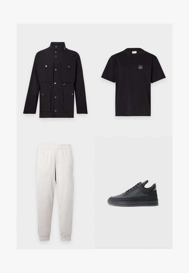 Black jacket featuring a high collar, multiple front pockets, silver snap buttons, and adjustable drawstrings at the waist and hood.; Black cotton t-shirt with a crew neck and short sleeves. Features a small blue logo on the left chest. Simple, straight-cut design.; Light gray sweatpants with an elastic waistband, side pockets, ribbed cuffs, and subtle branding on the leg, made of soft fabric.; Black leather sneakers with a textured surface, lace-up design, a low top, and a grey rubber sole featuring a ridged edge.
