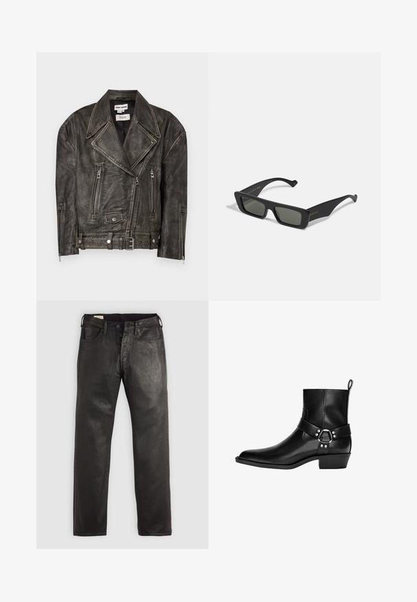 Dhruv Kapoor WASHED BIKER JACKET - Jachetă piele - grey; Bershka FUZZY - Pulover - dark grey; Cămașă neagră cu manșete lungi, din bumbac, cu guler rotund și croială dreaptă, având un mic detaliu cu logo pe manșetă.; Blugi negri din denim cu croi drept, dotati cu inchidere cu nasture si fermoar, cinci buzunare si o textura neteda.; Botine negre din piele cu vârf ascuțit, curea decorativă și detaliu cu cataramă circulară, având un toc mic. Textură netedă cu cusături minime.; Ochelari de soare dreptunghiulari negri, cu lentile întunecate, din plastic neted. Au inscripții aurii pe lateral, brațe elegante și un design modern.; Eșarfă din lână bleumarin cu capete franjurate și logo subtil brodat în portocaliu. Textură netedă, formă dreptunghiulară și design minimal.
