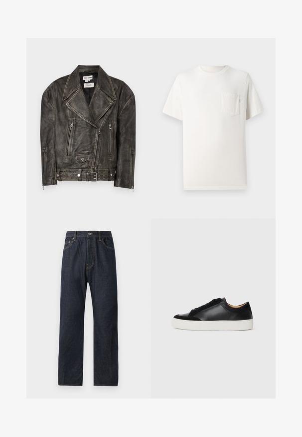 Dhruv Kapoor WASHED BIKER JACKET - Odinis švarkas - grey; Balta medvilnės marškinėliai trumpomis rankovėmis, su apvalia kaklo iškirpte ir priekyje esančia kišene. Lygus paviršius ir minimalistinis dizainas. Nėra matomų raštų ar akcentų.; Tamsiai mėlyni džinsai su tiesiais kirpimu, turintys penkias kišenes, subtilų siuvinėjimą ir mygtuko uždarymą ties juosmeniu.; Juodas odinės sportbačiai su zomšos akcentais, apvaliu nosiu, plokščiu baltu guminio pado, ir kontrastingomis tekstūromis ant kūno ir raištelių.