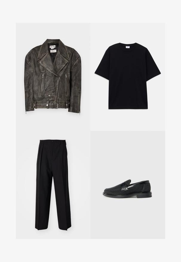 Dhruv Kapoor WASHED BIKER JACKET - Jachetă piele - grey; Tricou oversized cu mânecă scurtă, de culoare neagră, cu decolteu rotund și etichetă Filippa K vizibilă în interiorul gulerului.; Pantaloni negri plisat cu un design drept și pantaloni largi. Construiți dintr-un material neted, prevăzuți cu închidere cu nasture și bucle pentru curea.; Pantofii negri din material textil, cu accent din piele netedă pe partea superioară, design cu vârf rotund și talpă din cauciuc de profil redus.