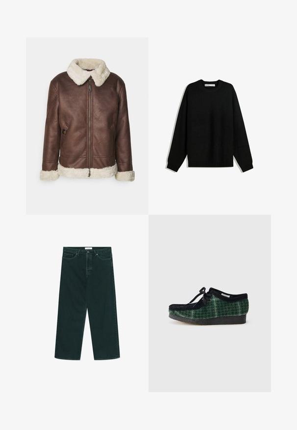 Brun læderjakke med en hvid faux fur-krave og manchetter. Har en frontlynlås og en sidelomme, der viser en tekstureret overflade.; Sort strikket sweatervarer med rund halsudskæring, sænkede skuldre og ribbede manchetter samt kant. Har et struktureret stof for varme.; Mørkegrønne vidde denimjeans med knap- og lynlås lukning, forlommer og bæltestropper, liggende fladt på en hvid baggrund.; Grønne og sorte mønstrede sko med en overdel i ruskind, der har en rund tå, snørebånd og en tekstureret gummisål.
