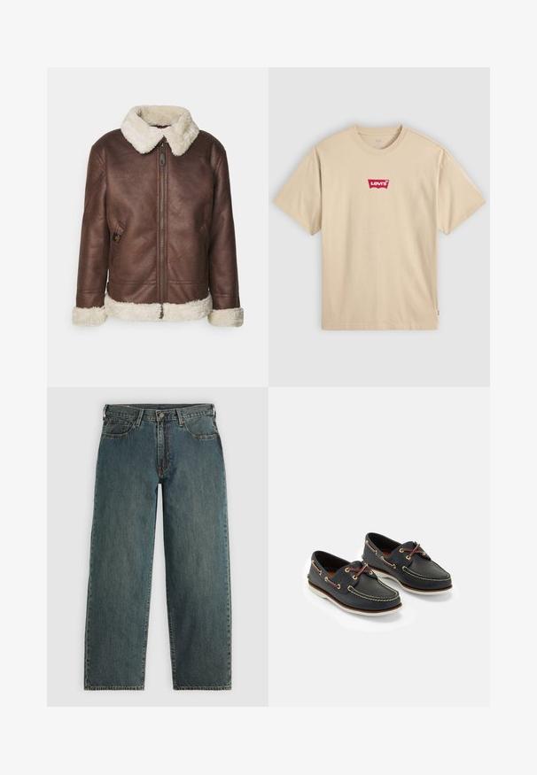 Hnědá kožená bunda s bílým umělým kožíškem na límci a manžetách. Obsahuje přední zip a boční kapsu, která ukazuje strukturovaný povrch.; Béžové bavlněné tričko s kulatým výstřihem a krátkým rukávem. Má červené logo Levi's na prsou. Jednoduchý, klasický střih.; Tmavě modré džíny rovného střihu s knoflíkem a zipem, předními kapsami a poutky na opasek na světlém šedém pozadí.; Námořnické kožené lodní boty s žlutým prošíváním, červenými tkaničkami a stříbrnými kroužky; kulatá špička; bílá gumová podrážka.