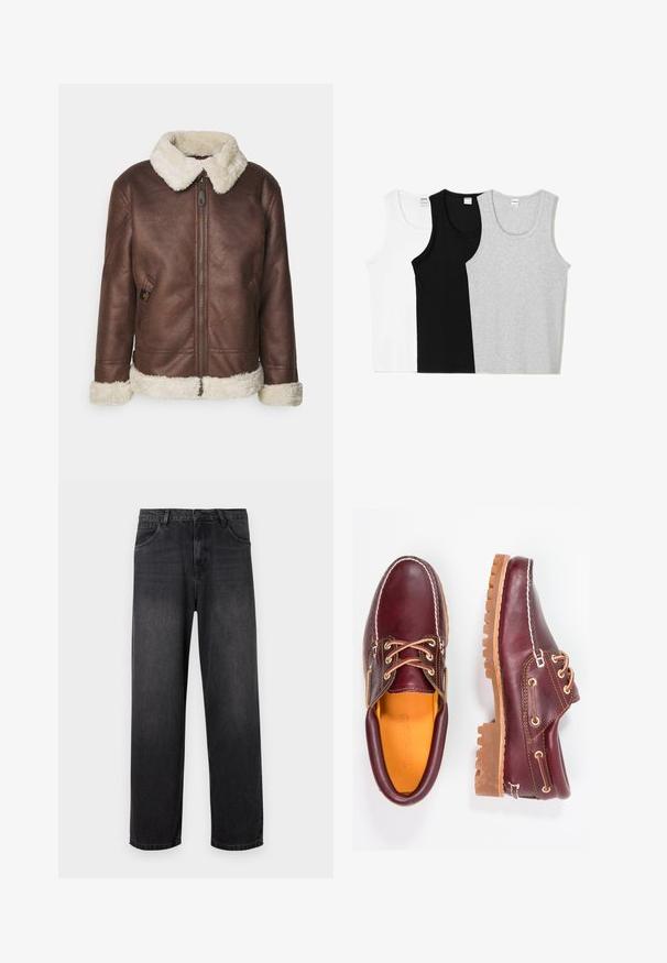 Hnědá kožená bunda s bílým umělým kožíškem na límci a manžetách. Obsahuje přední zip a boční kapsu, která ukazuje strukturovaný povrch.; Tři tílka v bílé, černé a šedé barvě. Každé má kulatý výstřih a bezrukávový design, vyrobeno z jemné bavlněné směsi.; Tmavě šedé džíny z denimu s rovnými nohavicemi, obsahující zipový klzip, pět kapes a jemné vybledlé detaily na látce.; Burgundské kožené boty s hnědými gumovými podrážkami, kulatou špičkou, bílým prošíváním a zlatými očky. Interiér obsahuje žlutou podšívku.