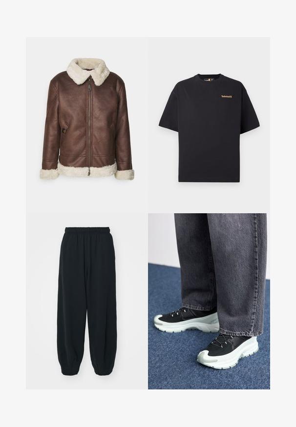 Chaqueta de cuero marrón con un cuello y puños de piel sintética blanca. Cuenta con una cremallera frontal y un bolsillo lateral, mostrando una superficie texturizada.; Camiseta negra de manga corta y cuello redondo de Timberland con un pequeño logo beige en la parte superior izquierda del pecho, mostrada sobre un fondo blanco.; Pantalones de chándal negros con cintura elástica, de corte holgado, con puños en los tobillos, textura suave y sin patrones visibles ni acentos metálicos.; Zapatillas deportivas negras con parte superior de tela texturizada, mediopie blanca, cordones negros y suela de goma, combinadas con jeans de pierna ancha grises.