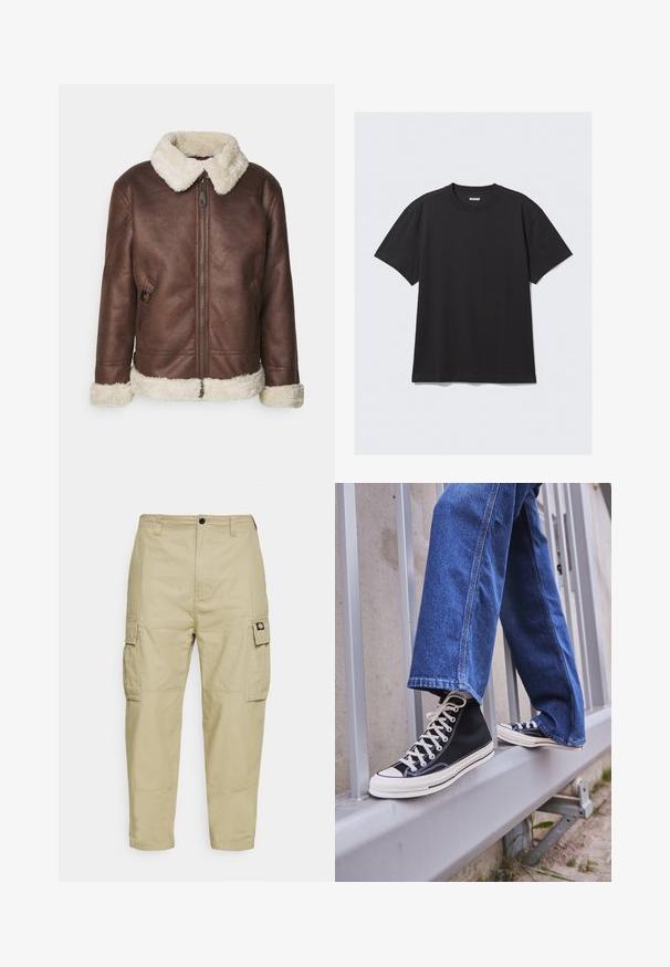 Giacca di pelle marrone con colletto e polsini in finta pelliccia bianca. Presenta una zip frontale e una tasca laterale, caratterizzandosi per una superficie testurizzata.; T-shirt nero a maniche corte in cotone. Presenta un collo a giro e una vestibilità comoda. Design semplice senza motivi o dettagli visibili.; Pantaloni cargo beige realizzati in tessuto resistente, dotati di due tasche laterali, chiusura con bottone e gambe affusolate con una texture liscia.; Scarpe da ginnastica nere alte con suola e lacci bianchi, abbinate a jeans di denim blu larghi, appoggiate su un parapetto grigio.