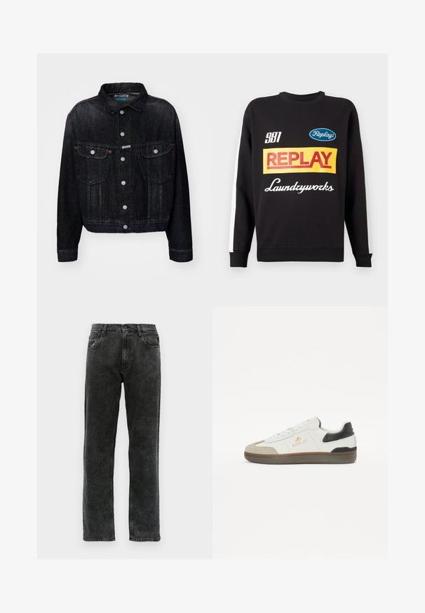 Schwarze Jeansjacke mit Kragen, vorderen Druckknöpfen, zwei Brusttaschen und roten Akzenten. Das Design ist verkürzt und hat eine klassische Passform.; Schwarzer Rundhalspullover mit weißen Streifen an den Ärmeln, auf der Vorderseite mit mehrfarbigen "Replay"- und "Laundryworks"-Textlogos versehen.; Weißes Kurzarm-T-Shirt mit schwarzen Akzenten. Verfügt über das Logo "REPLAY FC" und den Text "Highperformance" in einer sportlichen Schriftart. Hergestellt aus einem glatten Material.; Schwarze Denim-Jeans mit geradem Schnitt, fünf Taschen, Knopfverschluss und dezentem Verblassen des Stoffs.; Schwarze und weiße Sneaker aus Leder und Wildleder, mit abgerundeter Zehenpartie, strukturiertem Sohlenprofil, goldenen Logo und kontrastierender Fersenakzentuierung.
