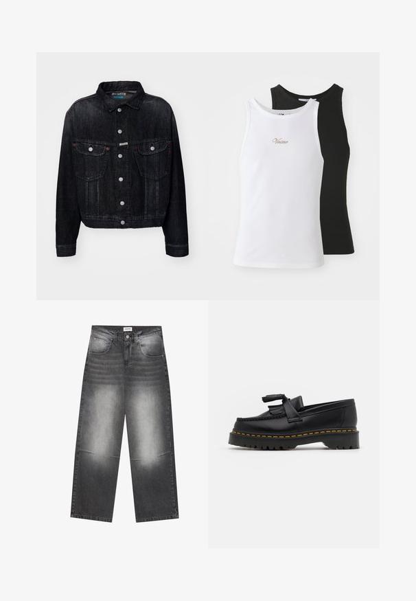 Fekete farmerdzseki, gallérral, elöl patent gombokkal, két mellzsebből és piros kiegészítőkből áll. A dizájn cropped stílusú, klasszikus fazonnal rendelkezik.; Fehér és fekete ujjatlan felsők bordázott textúrával. A fehér felső arany hímzéssel rendelkezik, amelyen a "Vetore" szó szerepel.; Széles lábú fekete farmernadrág enyhén szürkés, fakó befejezéssel, elülső zsebekkel, gombos záródással és enyhe kopásokkal a térdeken.; Fekete bőr mokaszin, rojtos díszítéssel, masszív fekete talppal és sárga varrással az élén. Texturált felület.