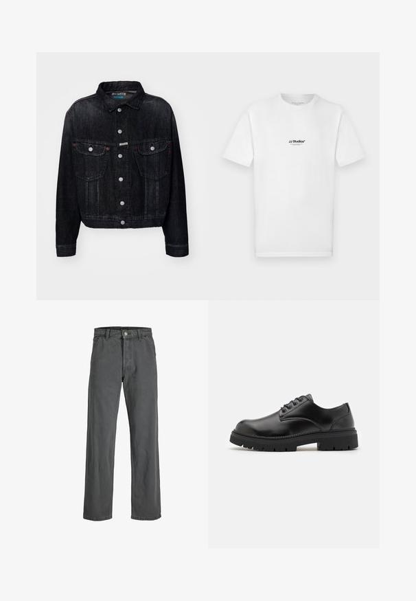 Svart denimjakke med krage, frontknapper, to brystlommer og røde detaljer. Designet er crop-cut med en klassisk passform.; Hvit bomulls t-skjorte med korte ermer og rund hals. Har en liten svart "JJ Studios" logo på brystet.; Mørk grå vide bukser laget av denim. Har en front knapp og glidelåslukking, beltehemper og et klassisk fem-lomme design.; Sorte lær sko med rund tå, snøring og en tykk, teksturert gummisåle. Har søm langs kanten og en glatt overflate.