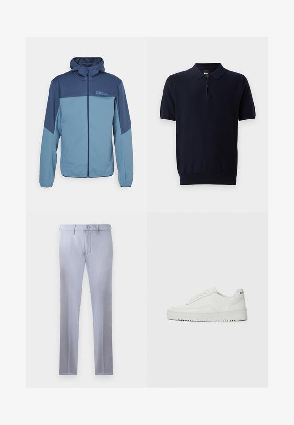 Jack Wolfskin FELDBERG - Soft shell jacket - blue; Navy blue polo shirt made of knitted fabric with a short zip neckline, short sleeves, and a fitted hem. Features a subtle texture.; Light gray tailored trousers made of smooth fabric, featuring a button closure, belt loops, and straight-leg design. No pockets visible.; White leather sneaker with a smooth finish, round toe, flat laces, and a textured sole. Features a subtle logo on the heel.