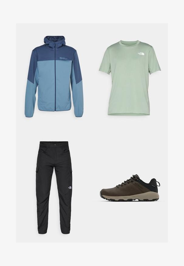 Jack Wolfskin FELDBERG - Veste softshell - blue; T-shirt vert clair à manches courtes en tissu doux ; présente un logo blanc sur le côté supérieur gauche ; col rond.; The North Face HORIZON PANT - Pantalons outdoor - black; Baskets imperméables marron avec une tige texturée, des accents perforés, un support de talon noir et une semelle en caoutchouc grise. Les lacets sont ornés d'embouts métalliques.