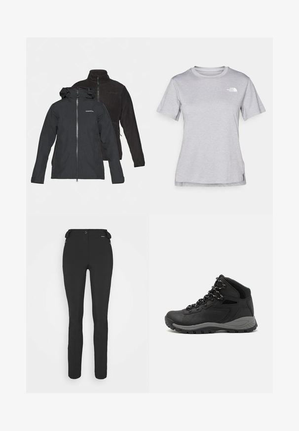 Musthave mustad veekindel jope koos kinnitatud kapuutsiga, esiipaga ja logoga. Tagapool must fleece jope kõrge kraega ja küljetaskutega.; Hall juppuvarrega, pehmeast, niiskust eemaletõukavast kangast lühikeste varrukatega hall T-särk. Omab ümarat kaelust ning väikest valget logo vasakul ülal.; Mustad, hästi istuvad püksid, mis on valmistatud paindlikust materjalist. Omadusteks on lukuga küljetasku, artikeeritud põlved ja sile pind.; Mustarjaline matkasaabas, millel on keskmine disain, tekstuuriga ülemine osa, hallid aktsendid ja vastupidav kummist põhi, millel on haardelugesid.