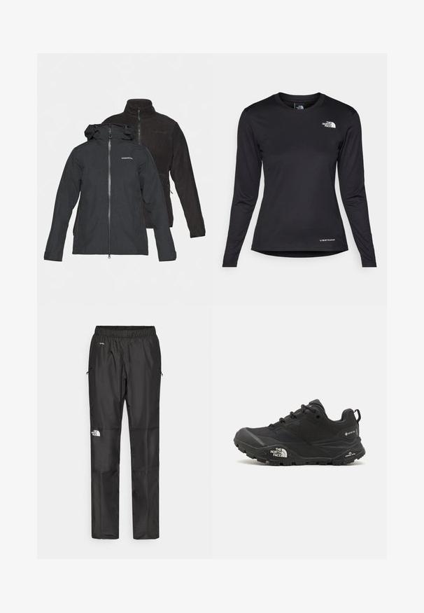 Svart vattentålig jacka med fast huva, framsidan med dragkedja och logotyp. Bakom finns en svart fleecjacka med hög krage och sidofickor.; The North Face SHADOW LONG SLEEVE - Långärmad tröja - black; Svarta vattentäta byxor i lättviktsmaterial, med elastisk midja, sidofickor och en logotyp på vänster ben.; Svart vandringsskor med en texturerad övre del, snörning och en kraftig gummisula som har en framträdande logotyp på sidan och mönster i sulan.
