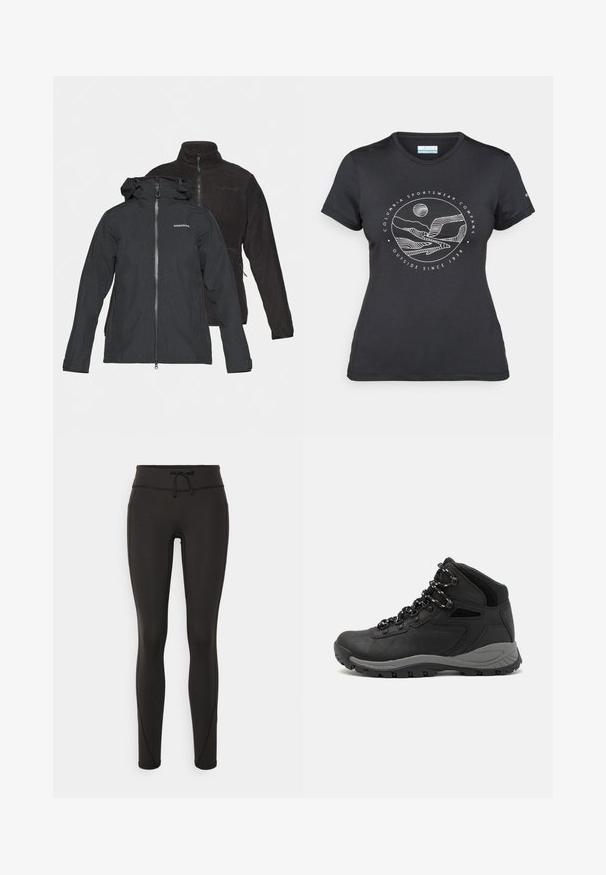 Black waterproof jacket with attached hood, front zipper, and logo. Behind, a black fleece jacket with high collar and side pockets.; Black Columbia t-shirt with white circular mountain and river line art and text "Columbia Sportswear Company Outside Since 1938."; Black leggings with a high waistband, drawstring, smooth texture, and fitted design. Features stitching details along the sides.; Black hiking boot with a mid-top design, featuring a textured upper, gray accents, and durable rubber sole with traction lugs.