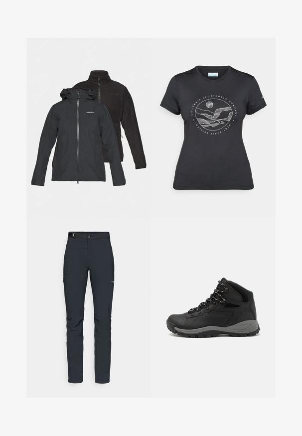 Musta vedenpitävä takki, jossa on kiinnitetty huppu, etuvetoketju ja logo. Taustalla musta fleece-takki, jossa on korkea kaulus ja sivutaskut.; Musta Columbia T-paita, jossa on valkoinen ympyrämuotoinen vuori- ja joki-viivataide sekä teksti "Columbia Sportswear Company Ulkona vuodesta 1938."; Miestne vonkajšie nohavice, tmavo šedé, vyrobené z flexibilného materiálu, s opaskom, zipsovými vreckami a zosilneným šitím.; Musta vaelluskenkä, jossa on puolivartinen muotoilu, jolle on ominaista teksturoitu päällinen, harmaat yksityiskohdat ja kestävä kumipohja, jossa on pitoita lisääviä lukuja.