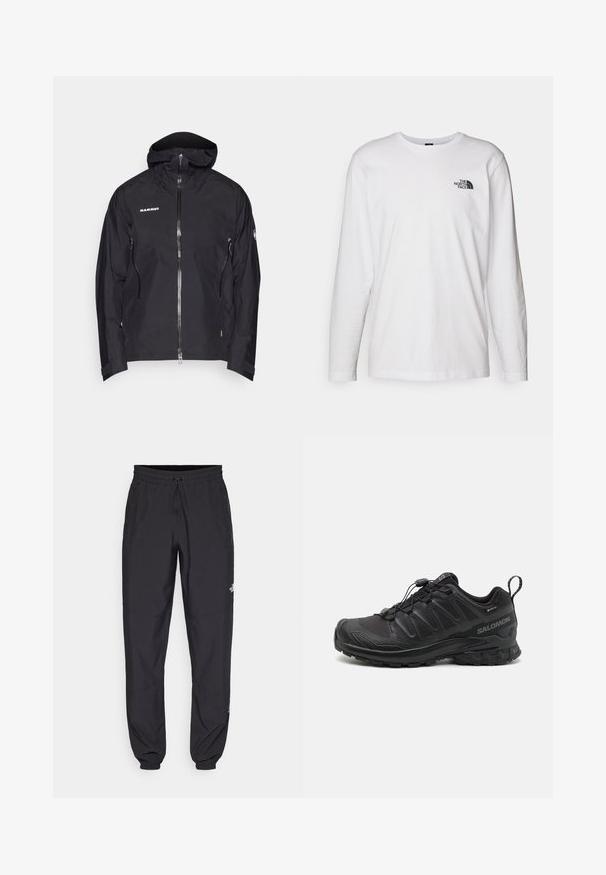 Sort udendørs jakke med lynlås foran, justerbar hætte og to sidelommer med lynlås. Fremstillet af vandtæt materiale med et minimalistisk design.; Hvid langærmet T-shirt lavet af bomuld med rund hals. Har et lille sort logo på brystet. Glat tekstur, almindelig pasform.; Sorte atletiske bukser lavet af letvægtsstof, med en snor i taljen, sidelommer og tapered manchetter ved anklerne.; Sort atletik sko med en struktureret syntetisk overdel, polstret sål og et hurtiglukkesystem. Har forstærket tå og hæl.