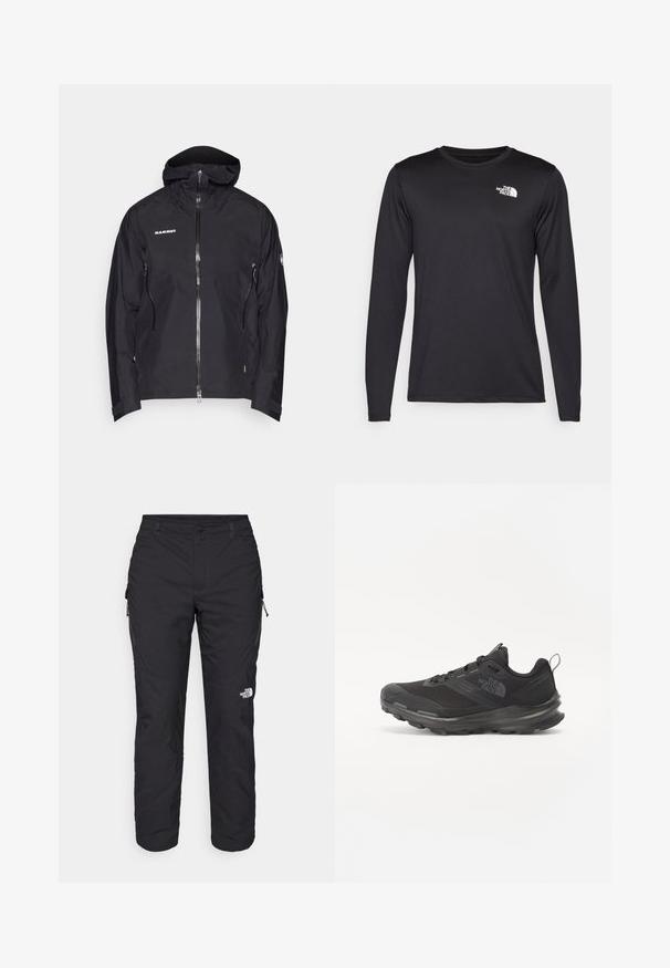 Sort udendørs jakke med lynlås foran, justerbar hætte og to sidelommer med lynlås. Fremstillet af vandtæt materiale med et minimalistisk design.; Langærmet sort performance T-shirt lavet af letvægtsstof, med et hvidt logo på den øverste venstre brystkasse. Glat tekstur.; The North Face WINTER EXPLORATION TAPERED CARGO - Outdoorbukser - black; Sort atletisk sko med mesh-overdel, gummisål og polstret krave. Har snørebånd, logo på siden og et tekstureret design.