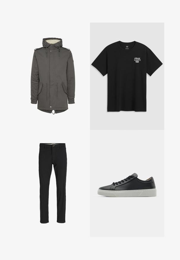 Sivi kaput s kapuljačom, obložen umjetnim krznom, svezanom strukom, džepovima na zakrpu i kopčanjem na dugmad. Ima podesivu kapuljaču i naglaske na ramenima.; Crna pamučna majica s printom na prsima koji glasi "KUĆNE BILJKE" u bijelom stiliziranom fontu s "Levi's" ispod. Klasični okrugli izrez.; Crne hlače od pamuka sa slim fit krojem, s kopčanjem na dugme, džepovima i zavrnutim rukavima za ležeran izgled.; Crne kožne tenisice s glatkom teksturom, okruglim vrhom i crnim čipkastim vezicama. Imaju debeo bijeli gumeni potplat s suptilnim geometrijskim naglascima.