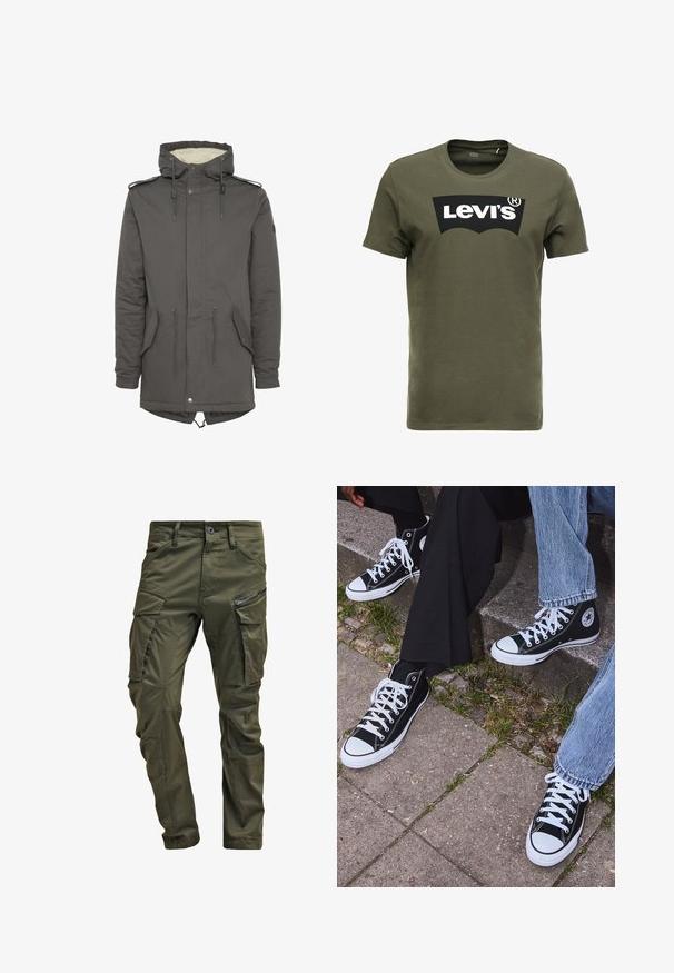 Grå huva parkas med fuskpälsfoder, dragsko i midjan, patchfickor och tryckknappsstängning. Har justerbar huva och axeldetaljer.; Olivgrön bomull t-shirt med en stor svart Levi's-logotyp på framsidan. Klassisk rund halsringning och korta ärmar, slät textur.; Olivgrön cargobyxor tillverkade av slitstark bomull. Har flera fickor, en ficka med dragkedja på sidan, och avsmalnande ben med en något strukturerad yta.; Svarta högtopps kanvasskor med vita gummisulor och snören, med en cirkulär logotyp på sidan och kombinerade med jeans och svarta byxor.