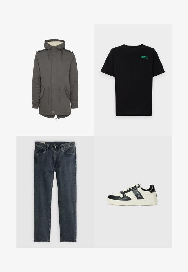 Szürke kapucnis parka műszőrme béléssel, húzózsinóros derékkal, zsebekkel és patentos záródással. Állítható kapucnival és vállbetétekkel rendelkezik.; Fekete, pamutból készült póló rövid ujjakkal. Elöl zöld "ROOTS" logóval, kerek nyakkivágással és normál szabással.; Sötétkék farmernadrág, egyenes lábú fazonnal, öt zsebbel és gombos zipzárral. Az anyag enyhe kopást és textúrát mutat.; Fekete és krém színű bőrsneaker, perforált díszítésekkel, párnázott bokapánttal és texturált talppal.