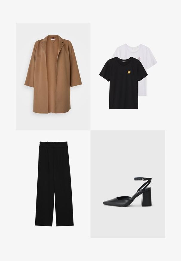 Tommy Hilfiger Curve BELTED COAT - Classic coat - light sepia brown; Black and white T-shirts, round neck, short sleeves. Black shirt features yellow sun embroidery; white has purple crescent moon accent.; Black wide-leg trousers with a ruffled waistband, featuring two side pockets and a smooth, lightweight fabric. No visible patterns or hardware.; Black leather pointy-toe pump with an ankle strap and a chunky heel. Flat texture, sleek design, and minimalistic aesthetics.