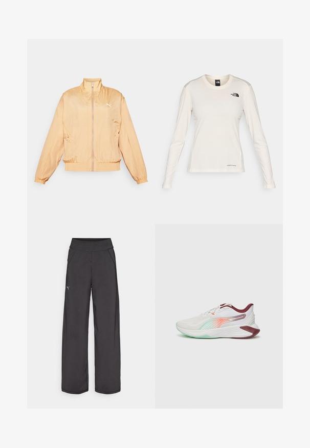 Veste légère de couleur pêche, avec un col montant, une fermeture éclair à l'avant, des poignets élastiques et un ourlet à bande. Présente un logo blanc sur la poitrine gauche.; The North Face SHADOW LONG SLEEVE - T-shirt à manches longues - white dune; Pantalons de sport noirs avec une large ceinture, poches latérales et coutures plates. Présente un petit logo sur la jambe gauche. Fabriqué à partir d'un tissu lisse et extensible.; Chaussure de sport blanche avec des accents bordeaux, tige en tissu texturé, semelle teintée de vert, dotée d'un design de rayures multicolores sur le côté.