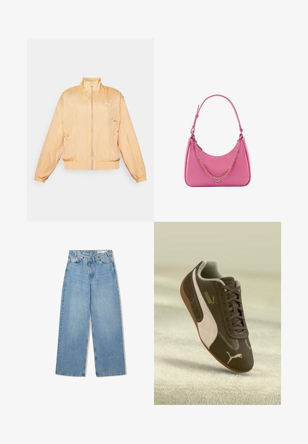 Lichtgewicht, perzikkleurige jas met een hoge kraag, voorrits, elastische manchetten en een gebandeerde onderrand. Voorzien van een wit logo op de linkermouw.; Langsleeve polo shirt in donkerbruin stof met een witte, gestructureerde kraag en een drie-knops stolp. Glad, comfortabel materiaal.; Lichtblauwe wijde jeans van denim, met een hoge taille, vijf zakken, knoopsluiting en subtiele vervaging voor textuur.; Bruine Puma sneaker met een beige streep en logo, met veters, rustend op een gestructureerde beige ondergrond.; Roze synthetische schoudertas met een gebogen vorm, gladde textuur, verwijderbare kettingriem en een rond logo detail aan de voorkant.