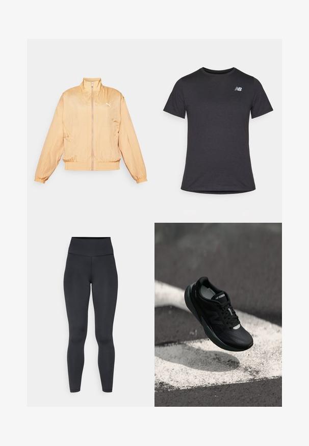 Lichtgewicht, perzikkleurige jas met een hoge kraag, voorrits, elastische manchetten en een gebandeerde onderrand. Voorzien van een wit logo op de linkermouw.; Zwarte korte mouwen t-shirt van zacht materiaal, met een klein grijs New Balance-logo op de bovenste linkerborst, klassieke ronde hals ontwerp.; Hogstwaist zwarte leggings gemaakt van rekbaar materiaal, met een gladde textuur en een nauwsluitend ontwerp, met minimale stikdetails.; Zwarte hardloopschoen met een gestructureerde bovenkant, slank ontwerp en reflecterende accenten. Heeft een zachte, gevoerde zool voor comfort.