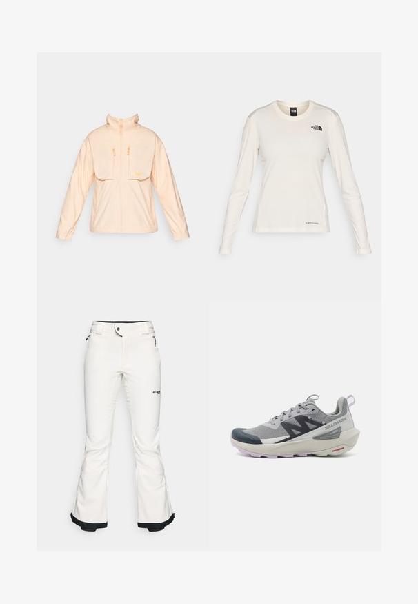 Peegli värvi jakk kõrge kraega, kahe eesmise tasku ja lukkudega. Omab elastseid mansette ning sujuvat, kerget tekstuuri.; The North Face SHADOW LONG SLEEVE - Pikkade varrukatega topp - white dune; Valged suusapüksid, mis on valmistatud pehmest ja paindlikust materjalist. Omavad vormitud talje, laiu flöödid ja musta äärist varrukatel. Brändi logo on nähtav.; Salomon jooksujalats hallis ja tumesinises värvitoonis omab hingavat sange, kummist varbakatet ja tekstureeritud tallatoote, millel on lavendli aktsendid.