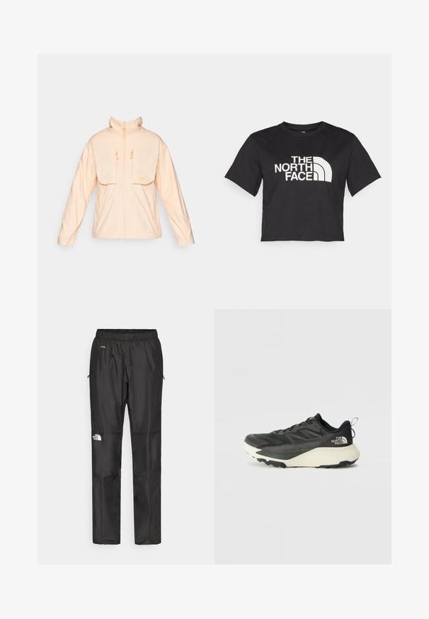 Porselenfarget jakke med høy krage, to frontlommer og glidelås. Har elastiske mansjetter og en glatt, lett tekstur.; Svart avkortet t-skjorte laget av bomull, med et hvitt logo med buede detaljer og teksten "THE NORTH FACE" på forsiden. Korte ermer, rund hals.; Sorte vanntette bukser laget av lettvektig stoff, med elastisk midjebånd, sidelommer og en logo på venstre ben.; Svart treningssko med teksturert overdel, med grå detaljer og hvit såle. Har en pull tab og fremtredende merkevarelogo på hælen.