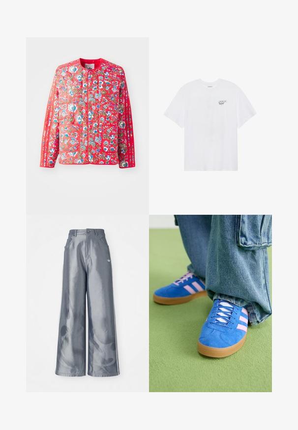 Červená prošívaná bunda s květinovým vzorem v modré, zelené a bílé barvě, s kulatým výstřihem, dvěma předními kapsami a kontrastními lemy.; Even&Odd Triko s potiskem - white; Kalhoty s širokými nohavicemi z lesklého šedého materiálu, se bílými bočními pruhy a plamenným vzorem na spodní části nohavic. Zapínání na knoflík a zip v pase.; Modré semišové boty s růžovými pruhy a bílými tkaničkami, vybavené gumovou podrážkou, spárované s volnými džínovými kalhotami na zeleném povrchu.