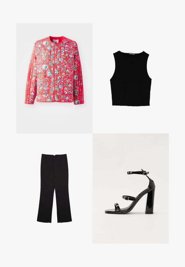 Červená prošívaná bunda s květinovým vzorem v modré, zelené a bílé barvě, s kulatým výstřihem, dvěma předními kapsami a kontrastními lemy.; Černý bezsleeve crop top vyrobený z hladké tkaniny, s kulatým výstřihem a čistým, jednoduchým designem bez vzorů nebo kovových doplňků.; Černé kalhoty s rovným střihem, s předními kapsami a bočními rozparky na lemu. Vyrobené z jemné, hladké tkaniny. Vhodné na různé příležitosti.; Černé lakované sandály na podpatku se čtveratou špičkou, lýtkovými pásky a stříbrnými přezkami. Disponují masivním blokovým podpatkem pro stabilitu.