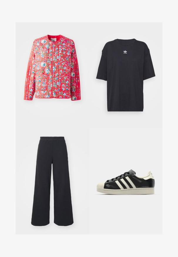 Sarkans ķermenis ar ziedu rakstu zilos, zaļos un baltos toņos, ar apaļu kakla izgriezumu, divām priekšējām kabatām un kontrastējošiem apmalēm.; Melna kokvilnas t-kreklā ar īsām piedurknēm un apaļu kakla izgriezumu, uz krūtīm ir balta Adidas logo. Vienkāršs dizains, brīvs piegriezums.; Melni platās svārku bikses, izgatavotas no mīksta auduma, ar elastīgu jostas daļu un mazu logotipu kreisajā pusē.; Melna ādas sporta apava ar baltām svītrām, gumijas purngala aizsardzību, melnām auklām un krēma krāsas zoli. Gluda tekstūra ar spīdīgu apdari.