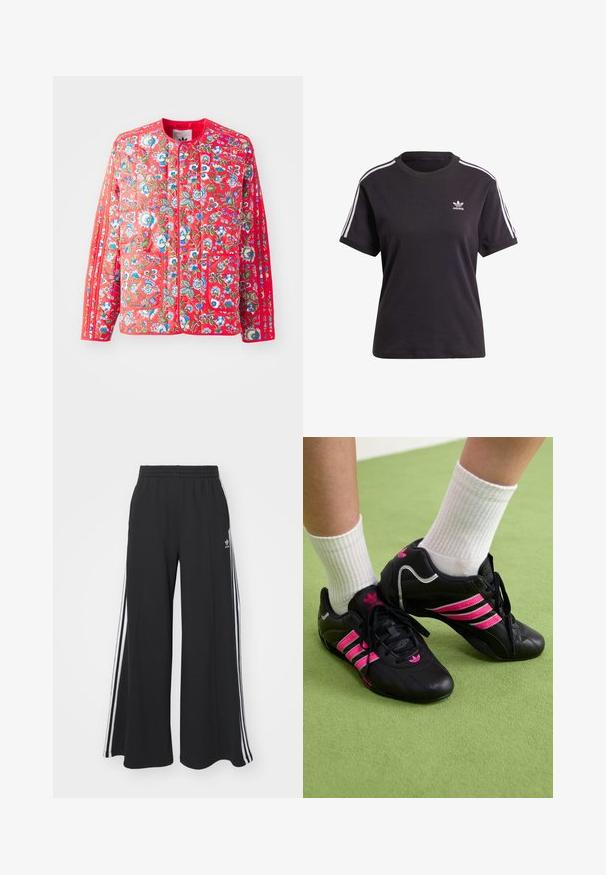 Punane tikandiga jakk, millel on lillemuster sinise, rohelise ja valge värviga, ümmargune kaelus, kaks eesmist taskut ja kontrastsed ääred.; Must kõrge kaelusega must puuvillane T-särk lühikeste varrukatega, millel on valged triibud õlgadel ja väike valge Adidas'i logo rinna peal.; Mustad laiad trenni püksid elastse vöökohtaga, millel on valged küljeribad ja tikitud logo vasakul reiel.; Mustad musta värvi spordijalatsid, millel on kolm roosat triipu, tekstureeritud nahkpealne, mustad paelad ja logo detail, koos valgete ribaga sokkidega rohelisel pinnal.