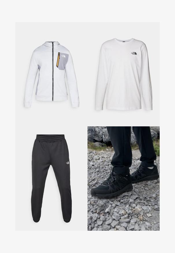 Hvit hettegenser med grå detaljer, frontlomme, og venstre brystlomme med en gul glidelås. Myk stofftekstur.; Hvit langermet T-skjorte laget av bomull med rund hals. Har en liten svart logo på brystet. Glatt tekstur, vanlig passform.; Sorte joggebukser med snor i livet, tettsittende passform, elastiske mansjetter og en liten hvit logo på venstre lår, laget av glatt materiale.; Sorte utendørssko i svart med mesh og syntetisk materiale, med en teksturert overdel, sikret snøresystem og en robust såle, på steinete terreng.