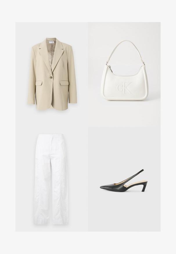 Bēša strukturēts blazer ar ieliekamu apkakli, ar vienu pogu aizdari, divām priekšējām kabatām un gludu satīna odere. Regulāla piegriezuma.; Melna kokvilnas T-kreklu ar īsām piedurknēm, apaļu kakla izgriezumu un nelielu baltu "Calvin Klein" logotipu krūtīs. Gluda tekstūra, klasiskā piegriezuma.; Baltas, plaša kāju bikses, izgatavotas no viegla auduma, ar gludu tekstūru, tīrām līnijām un augstu jostasvietu.; Melna, ar smailu purngalu, slingback kurpe ar zemu papēdi, izgatavota no gludas ādas materiāla un ar izgriezumiem sānos gaisa caurlaidībai.; Balta ādas rokassoma ar noapaļotu formu, uz kuras priekšpuses ir izgriezts "CK" logo un viena plecu siksna. Augšā aizverama ar rāvējslēdzēju.