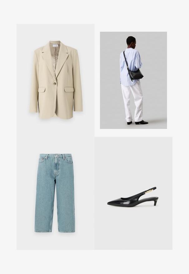 Beige szerkezetű zakó, csatokkal és egy gombos záródással, két elülső zsebbel és sima satin béléssel. Normál szabás.; Fekete, rövid ujjú póló, puha pamutból készült, kerek nyakkivágással, laza szabással és sima textúrával. Nincs látható minta vagy grafikák.; Világoskék farmer rövidnadrág, magas derékkal, egyenes szabással és nyers szegéllyel. Klasszikus gombos és cipzáras záródással rendelkezik, négy zseb van rajta.; Fekete bőr slingback magassarkúk, hegyes orral, vékony sarkakkal és arany színű részlettel a állítható pánton. Simа felület.; Fekete bőr válltáska puha tapintással, háromszög alakú, állítható pánttal, világoskék csíkos inggel és fehér nadrággal párosítva.