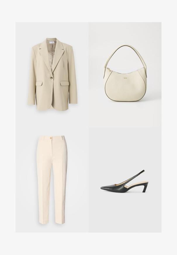 Beige szerkezetű zakó, csatokkal és egy gombos záródással, két elülső zsebbel és sima satin béléssel. Normál szabás.; Fehér, rövid, bő ujjú, crop szabású póló, puha pamut anyagból, kerek nyakkivágással, finom narancssárga díszítéssel, minimalista dizájn, minta vagy grafika nélkül.; Krém színű, magas derekú nadrág, textúrált anyagból készült. Elülső gombos záródással és keskeny lábakkal rendelkezik.; Fekete, hegyes orrú, slingback cipő alacsony sarkával, sima bőrből készült, oldalt kivágott deisgnal a légáteresztőképesség érdekében.; Krém színű kézi táska texturált felülettel, ívelt formával, rövid fogantyúval és arany színű logó részlettel. Cipzáros záródás a tetején.