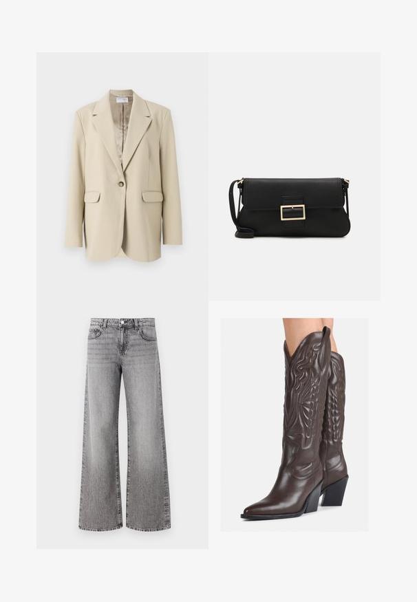 Beež struktuurne bleiser, millel on lõigatud krae, ühe nupuga kinnitamine, kaks esist pockets ja siledast satiinist vooder. Tavaline lõige.; Valge ilma varrukateta T-särk, mis on valmistatud ribakangast, ümarate kaelustega ja kitseneva siluetiga, minimaalse õmbluste ning ilma kaunistusteta.; Laiad säärised hallist denimist, millel on pleekinud viimistlus. Omab klassikalisi taskuid ja nööbliitmist vööl.; Pruunid nahast cowboy saapad terava varbaga ja plokk-kandaga, millel on detailne tikand ja kergelt tõstetud aktsendid varrel.; Must haben musta nahkklahviga kott, millel on klapp ja kuldne metallist pandla detail. Kaasas must rihm ja stiilne, minimalistlik disain.; Hõbedased rõngaskõrvarõngad keerutatud disainiga, millel on poleeritud viimistlus ja posti-tagune sulgemine. Diameeter umbes 3 cm.