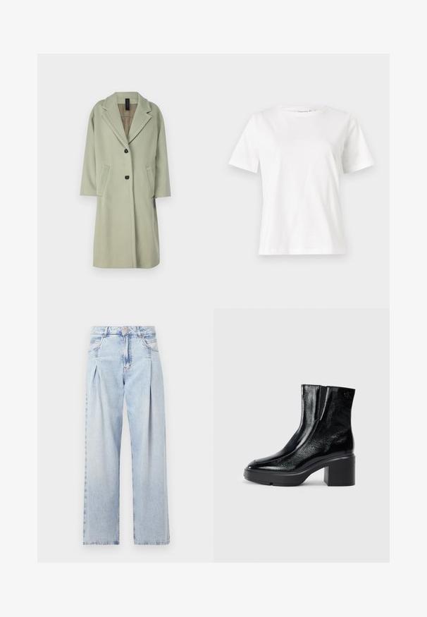 Hellgrüner Wollmischungs-Mantel mit Reverskragen, Dreiviertelärmeln, zwei vorderen Taschen und einem einzelnen Knopfverschluss.; Weißes Baumwoll-T-Shirt mit kurzen Ärmeln, Rundhalsausschnitt und lockerer Passform. Glatte Textur, keine Muster oder Akzente, minimalistisches Design.; Helle blaue Denim-Jeans mit hoher Taille, weitem Beinschnitt, zwei seitlichen Taschen und gefaltetem Design. Weiche Textur mit einem ausgebleichten Finish.; Schwarze Lackleder-Stiefeletten mit einer geschwungenen Zehenpartie, elastischen Seiteneinsätzen und einem klobigen Blockabsatz. Mit geprägtem Logo auf der Rückseite.