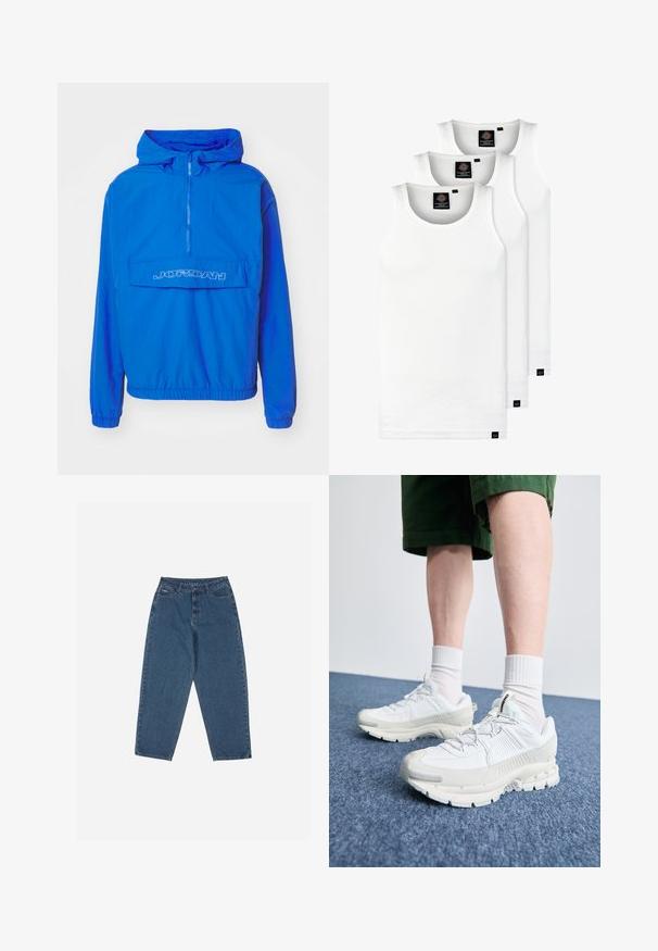 Kék szélvédő dzseki kapucnival, félig cipzáras elülső résszel, rugalmas mandzsettákkal és elülső zsebbel, amelyen fehér "JORDAN" felirat található. Könnyű anyag.; Három fehér csíkos pamut trikó. Felső része kerek nyakkivágású, és a szegély közelében kis fekete címkék találhatók. Több méretben elérhető.; Kék farmernadrág, laza szabással, magas derékkal, öt zsebes kialakítással és varrási díszítésekkel. Gombos és cipzáros záródással rendelkezik.; Fehér sportcipők texturált burkolattal, vastag talppal és szürke részletekkel. Fehér sportzoknival és zöld rövidnadrággal viselve, kék felületen.